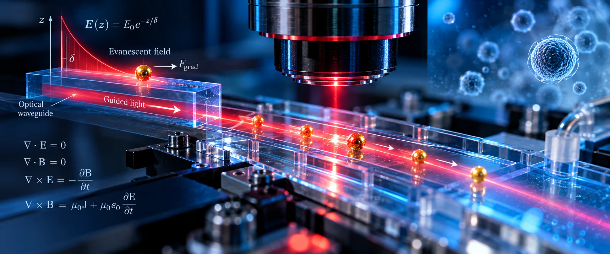 Conceptual visualization of light interacting with gold nanoparticles near an optical waveguide surface.