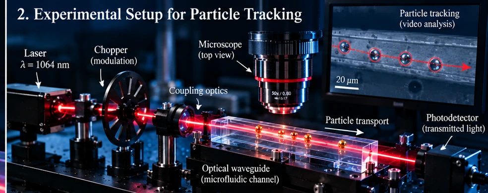 Conceptual reconstruction of a 1064 nanometer laser, optical chopper, waveguide, microscope and video-based particle tracking arrangement.