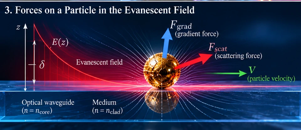 Conceptual diagram of a nanoparticle near an evanescent optical field, with qualitative force and velocity vectors.