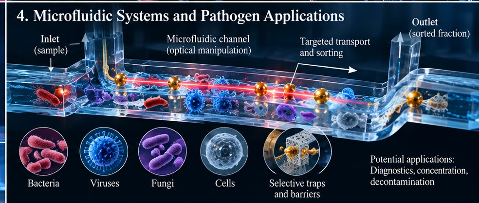 Futuristic conceptual microfluidic chip with optical particle manipulation and potential pathogen-related analytical pathways.