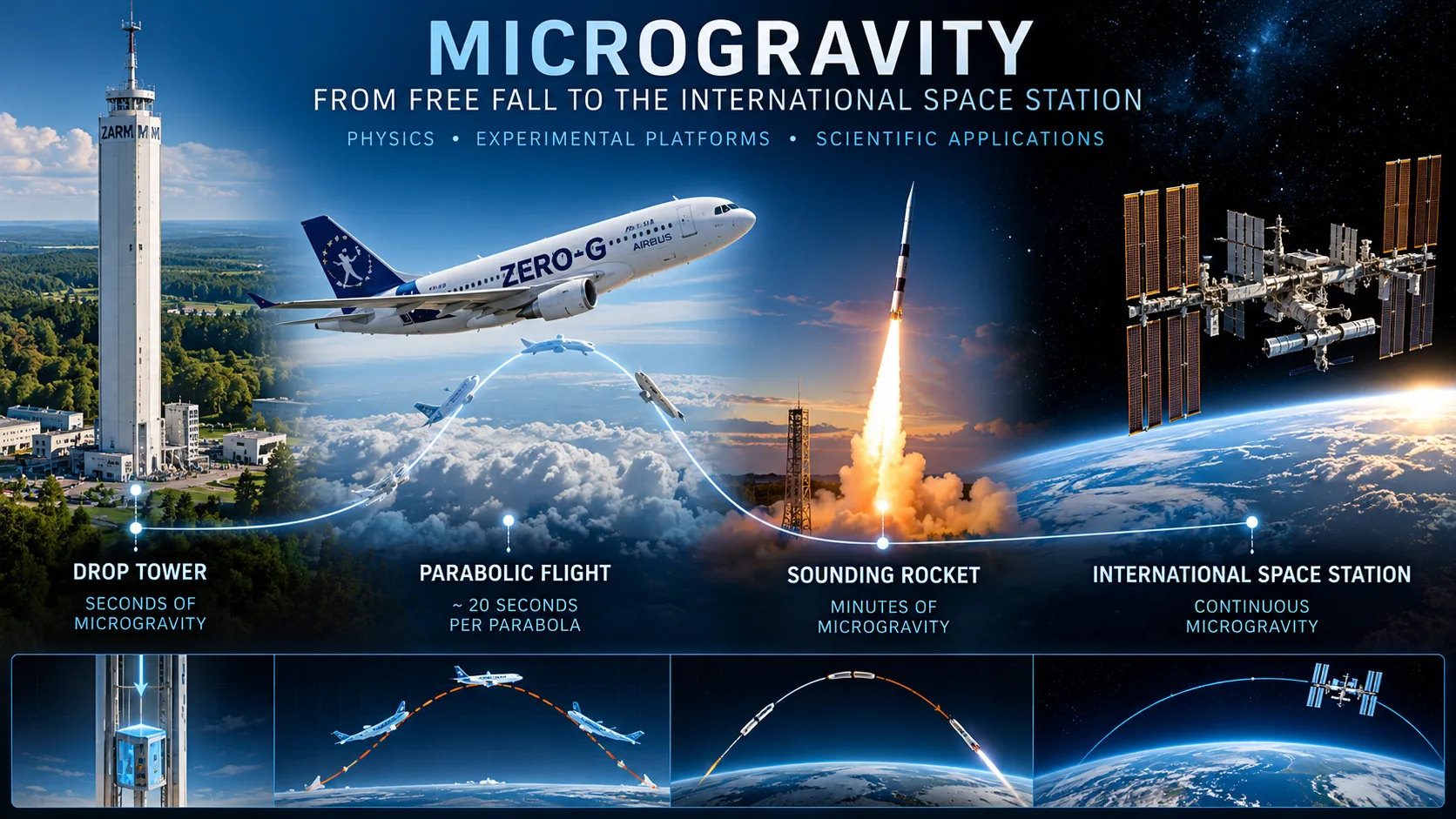 Conceptual overview of drop tower, parabolic aircraft, sounding rocket and ISS