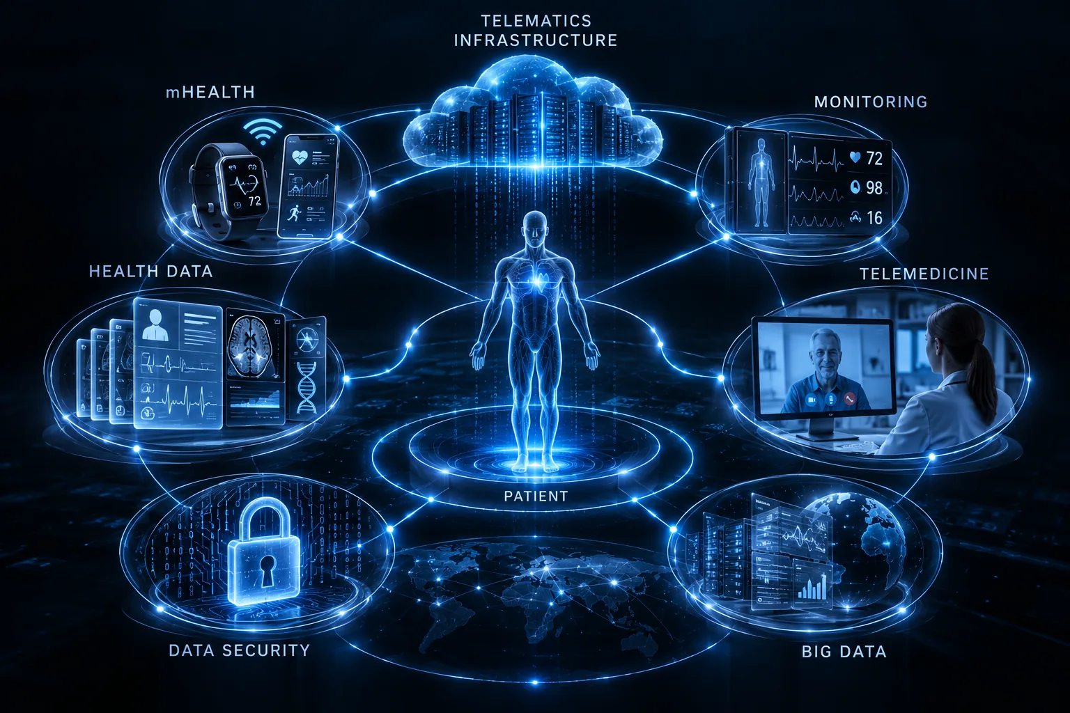 Concept map of e-health, telemedicine, digital health infrastructure and medical data