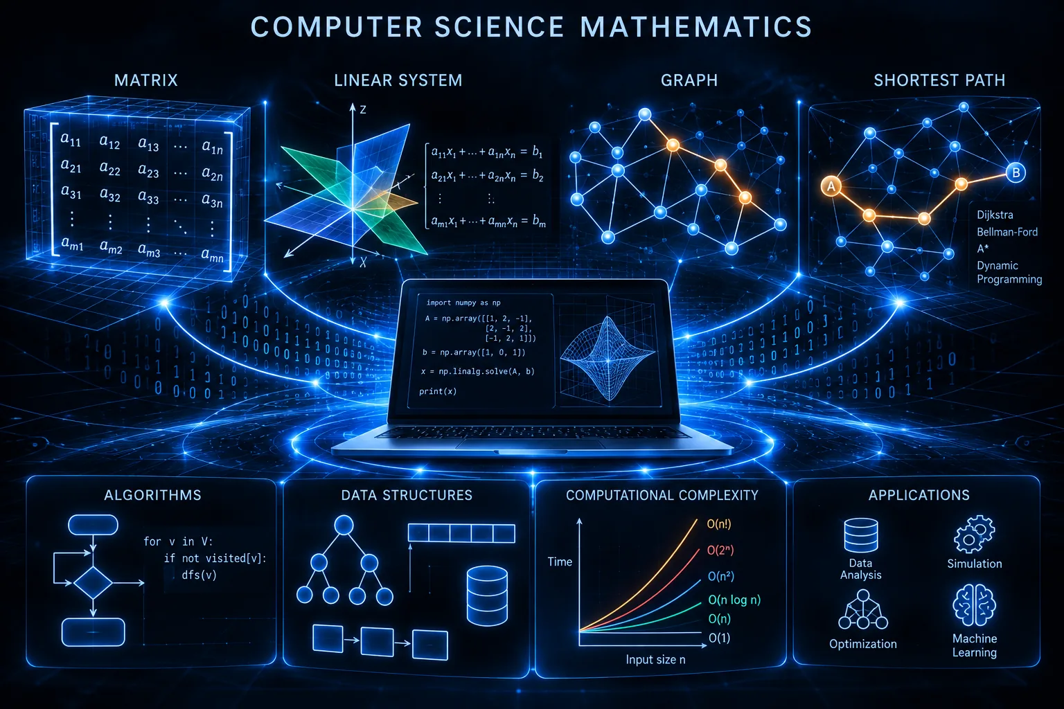 Concept map of mathematics for computer science, including matrices, linear systems and graph theory