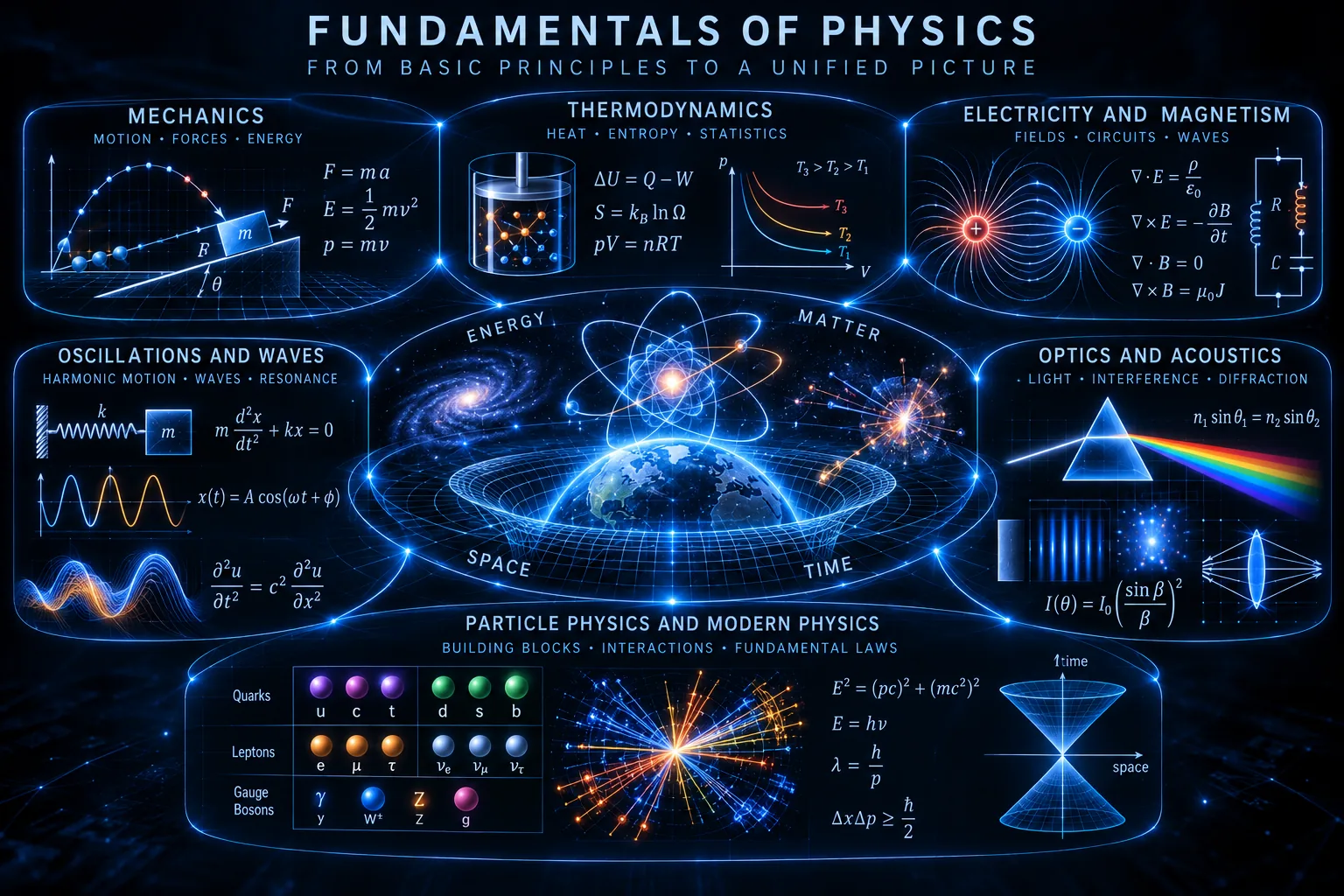 Concept map of fundamental physics from mechanics and thermodynamics to waves, optics and particle physics