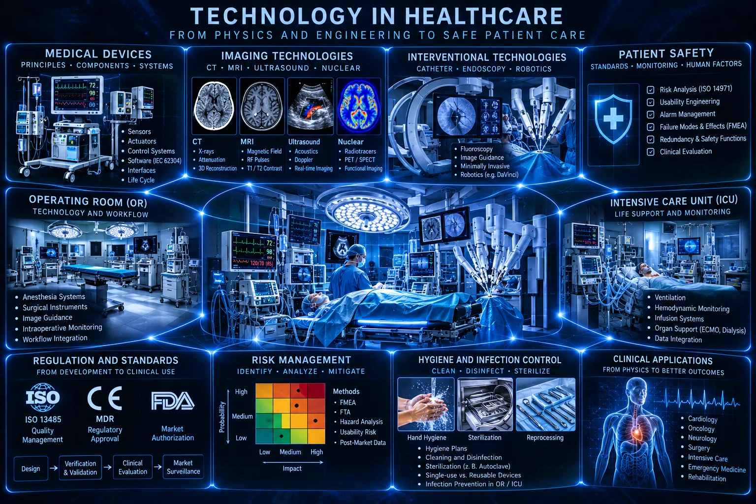 Concept map of medical technology, diagnostic systems, patient safety, regulation and clinical applications