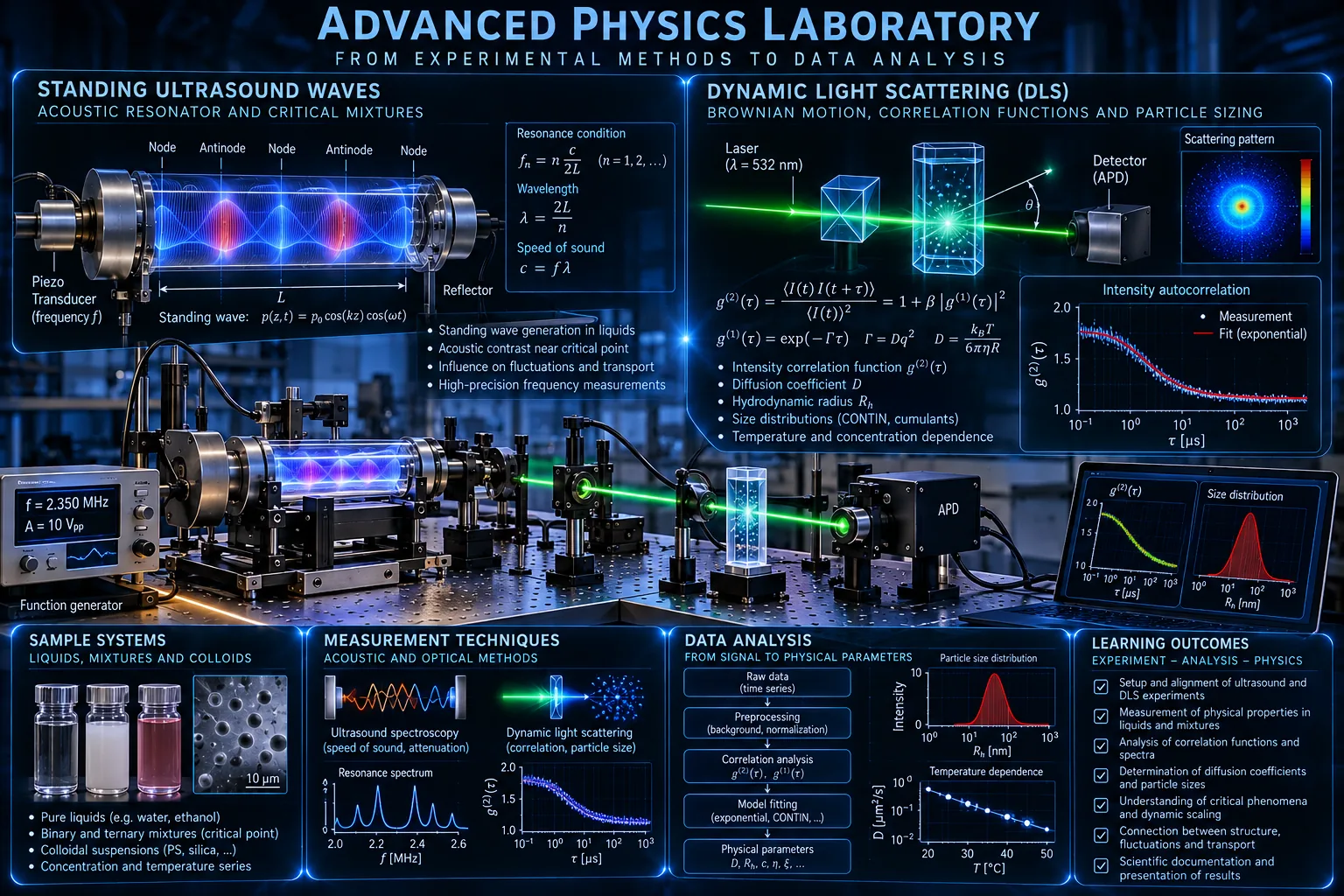 Advanced physics laboratory with standing ultrasonic waves and dynamic light scattering experiments