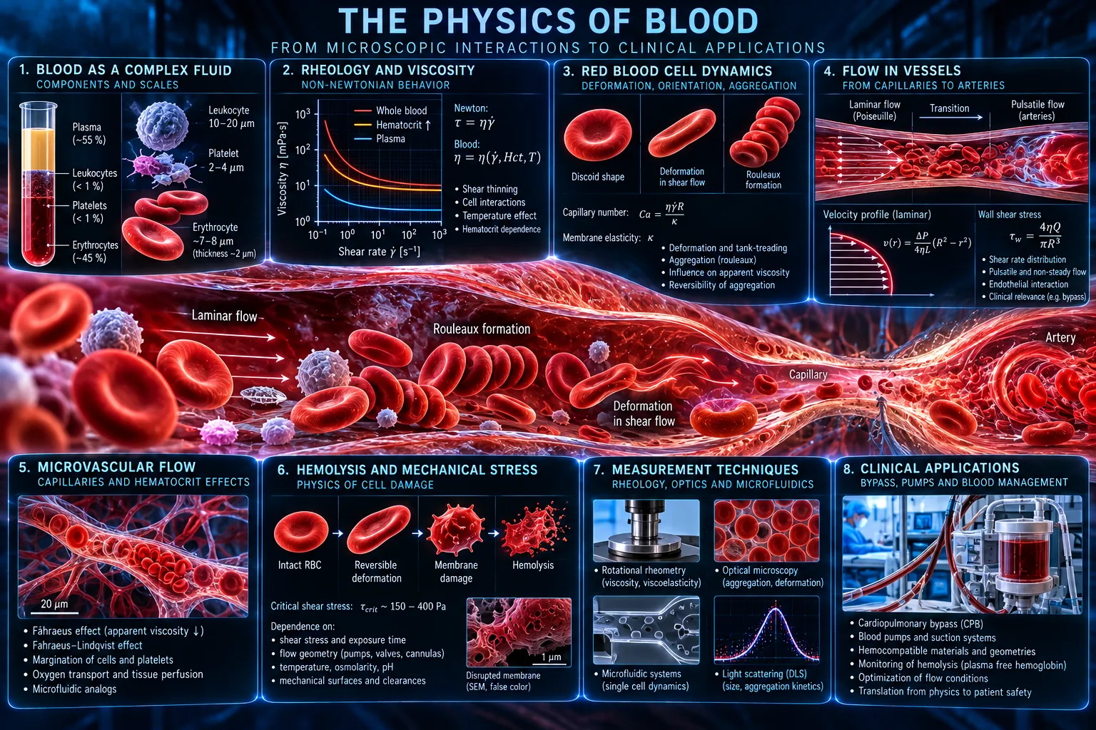 Physics of blood including rheology, red blood cell dynamics, vascular flow and hemolysis