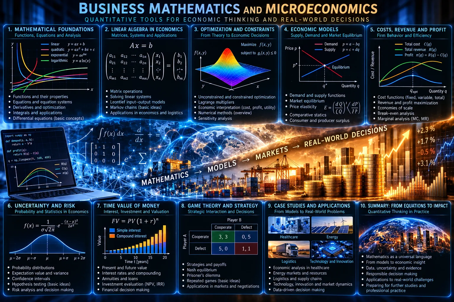 Business mathematics and microeconomics connecting mathematical models with economic reasoning and markets